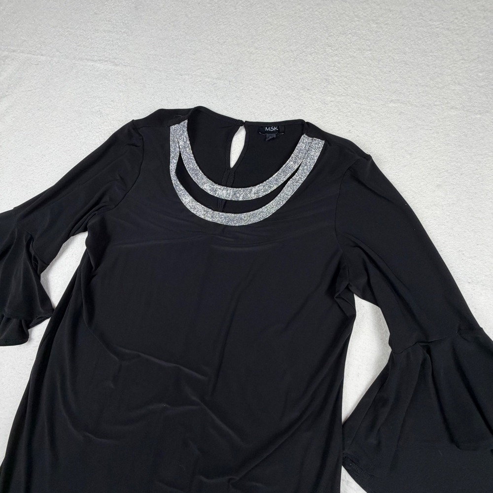 MSK Black Shift Dress Rhinestone Neckline Bell Sleeve Cocktail XL RN 90714 - Picture 1 of 7